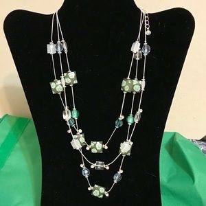 Green, Teal, White & Rhinestone Silver Necklace